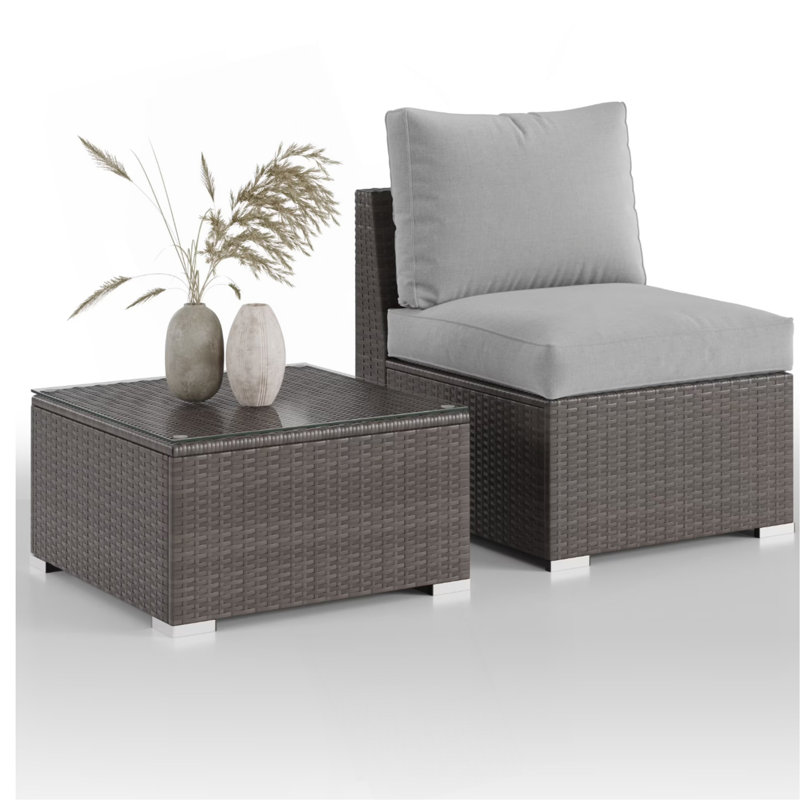 2-Piece All-Weather Outdoor Rattan Patio Furniture Set With  25.2 Inches Width Armless Sofa & Coffee Table,