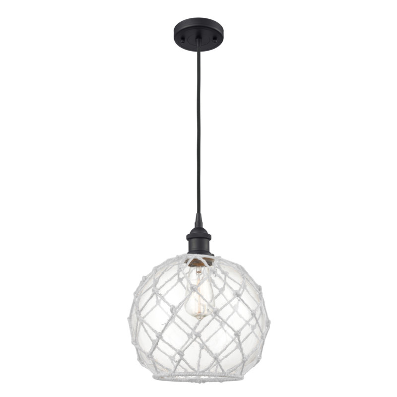 Luminaire suspendu en forme de globe à 1 lumière avec accents en corde Tobey, H 13 po x l 10 po x P 10 po, Transparent/blanc