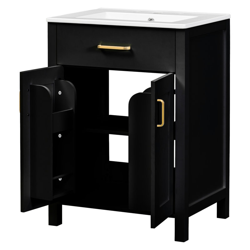 Meuble-lavabo moderne de 122 cm (48 po) avec deux lavabos en céramique, fermeture amortie, tablette en U réglable et poignées dorées esthétiques.