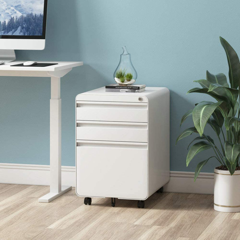 3 Drawer Metal Filing Cabinets with Lock Wheels, Anti-tilt Under Desk Design (No Assembly Required), White
