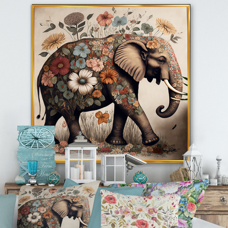 «Kantrice Retro Elephant entouré de fleurs II», reproduction sur toile, L 24 po x H 24 po, Toile avec cadre flottant or