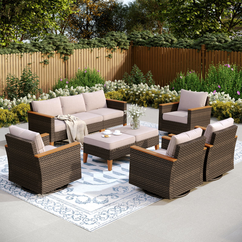 Argyri Outdoor Wicker Patio Conversation Furniture Set With Swivel Chairs, No