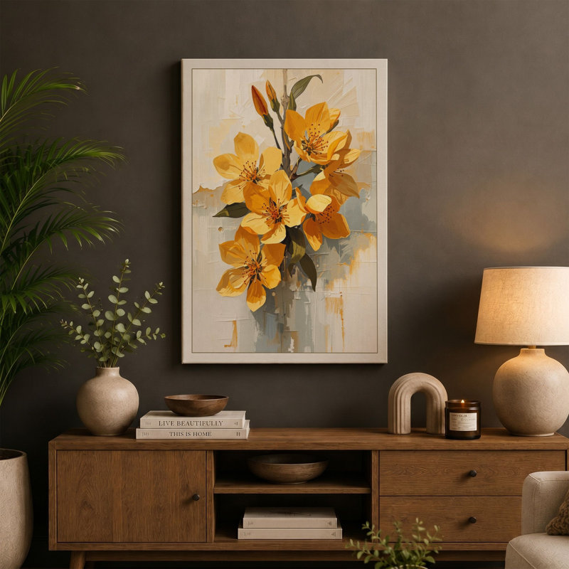 Golden Bloom Arrangement Botanical - Wrapped Canvas, 18x12 - 45.7 x 30.5 cm, Black Border