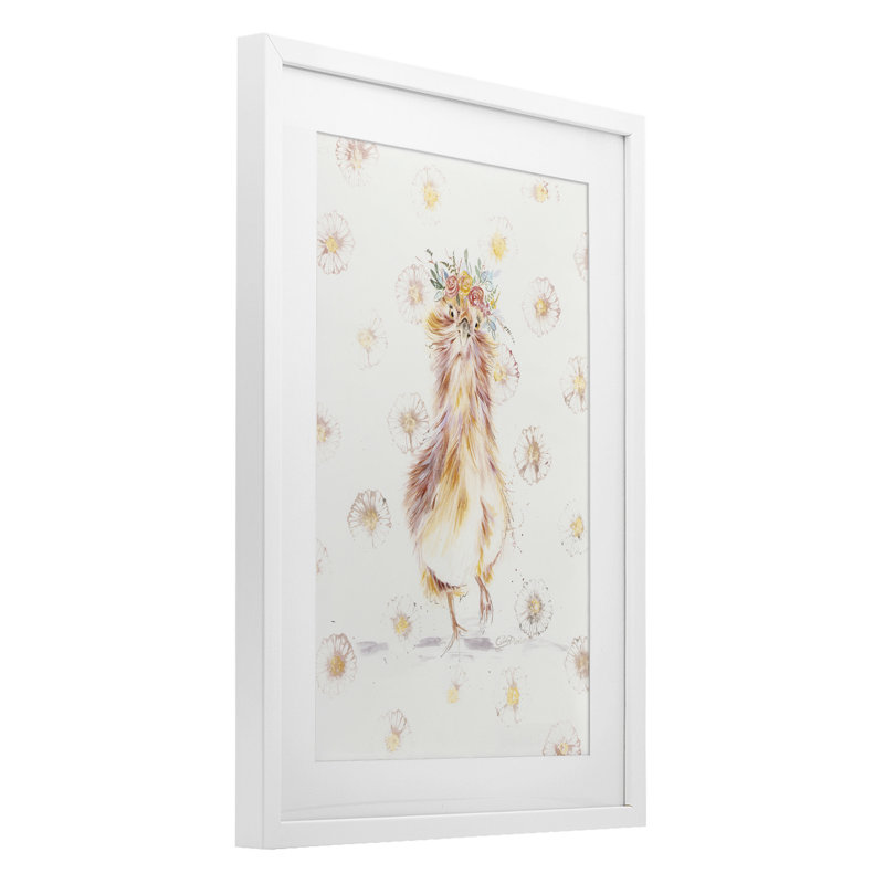 «Silkie Chicken with Daisies», reproduction encadrée sous verre, conception de Cady, H 20 po x l 14 po, Cadre blanc côtier