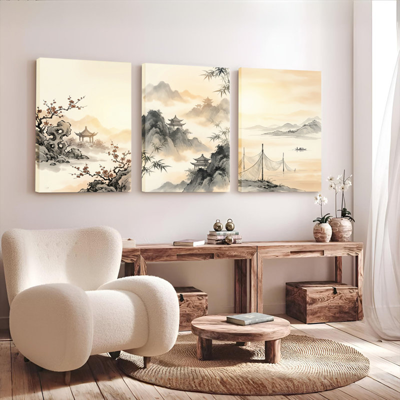 Ensemble de 3 tableaux sur toile représentant un paysage chinois avec pagodes, bambous et fleurs de cerisier.