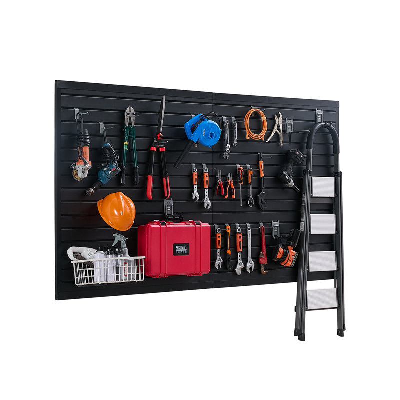 Panneau mural à lattes, 8 x 4 pi, paroi de garage en PVC avec conception modulaire, panneau à lattes noir facile à installer avec structure de couplage et découpage bricolage, convient au rangement et à la présentation