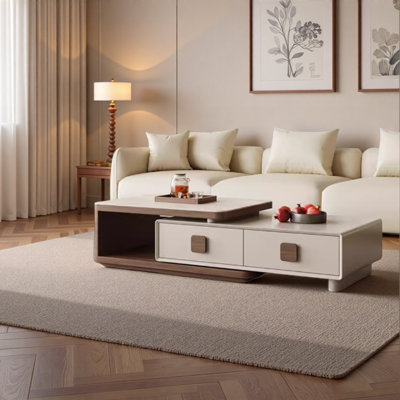 Cream-Finish Solid Wood Travertine Slab Coffee Table