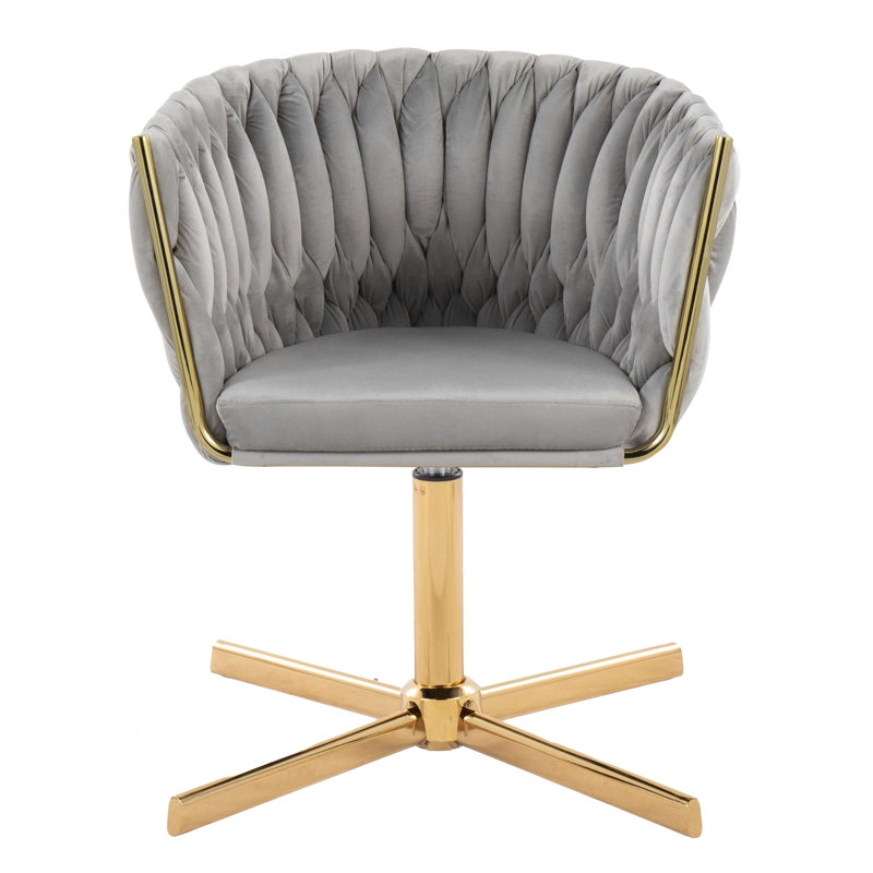 Chaise d'appoint pivotante avec base en X en métal doré et velours argenté