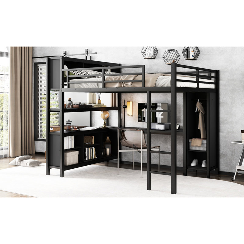 Lit mezzanine en métal pour les adolescents, grand lit avec garde-robe et bureau noir, Noir