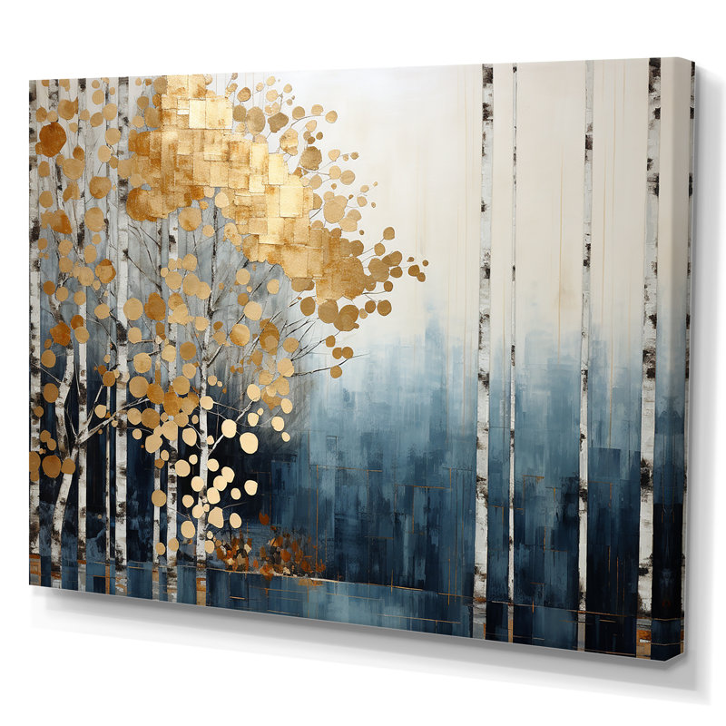 Minimalisme bleu et forêt dorée - art mural forêt, Toile tendue, H 34 po x l 44 po x P 1,5 po
