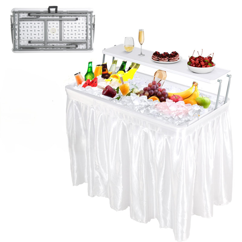 Table pliante extérieure avec refroidisseur de glace avec drain, tables de glace à deux niveaux avec jupe amovible et tablette de rangement supplémentaire, utilisation intérieure extérieure pour événements, fêtes, mariage, camping, barbecue, blanc