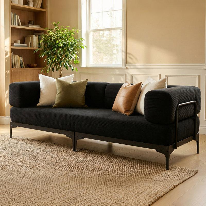 85" Modern Industrial Corduroy Sleeper Sofa, 2 Seater Loveseat with Removable Armrests, Sturdy Iron Frame & High-Density Sponge, Comfy Couch for Living Room Bedroom Small Space, Black