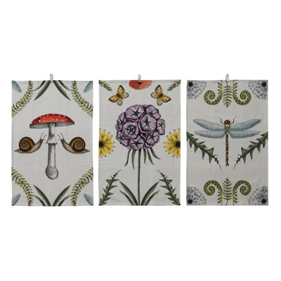 3-Piece Cotton And Linen Printed Tea Towel With Animals And Botanicals