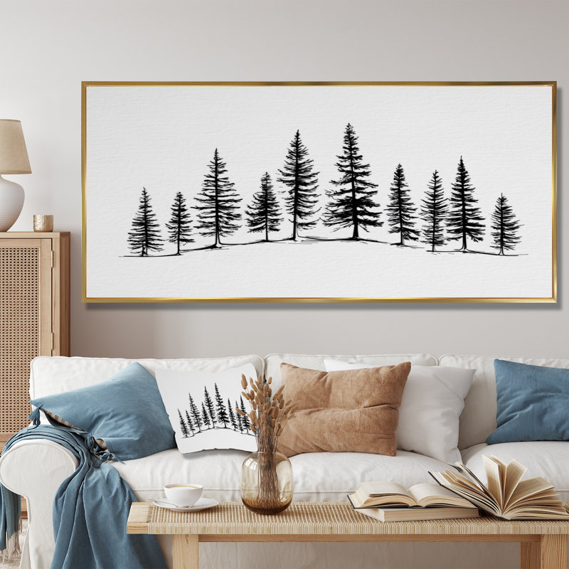 «Pine Tree Forest In Winter Wonderland», reproduction d'art sur toile Nature, H 28 po x l 60 po, Cadre flottant, Doré