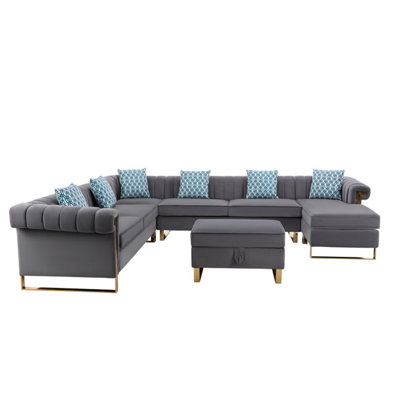 Canapé modulaire en velours 130,5 po à 8 places avec méridienne réversible et repose-pieds avec rangement Modern