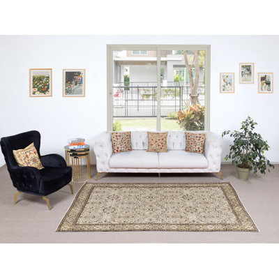 Tapis en laine à motif floral 5,4 x 8,8 pi. Tapis turc beige fait à la main pour décor de maison de campagne