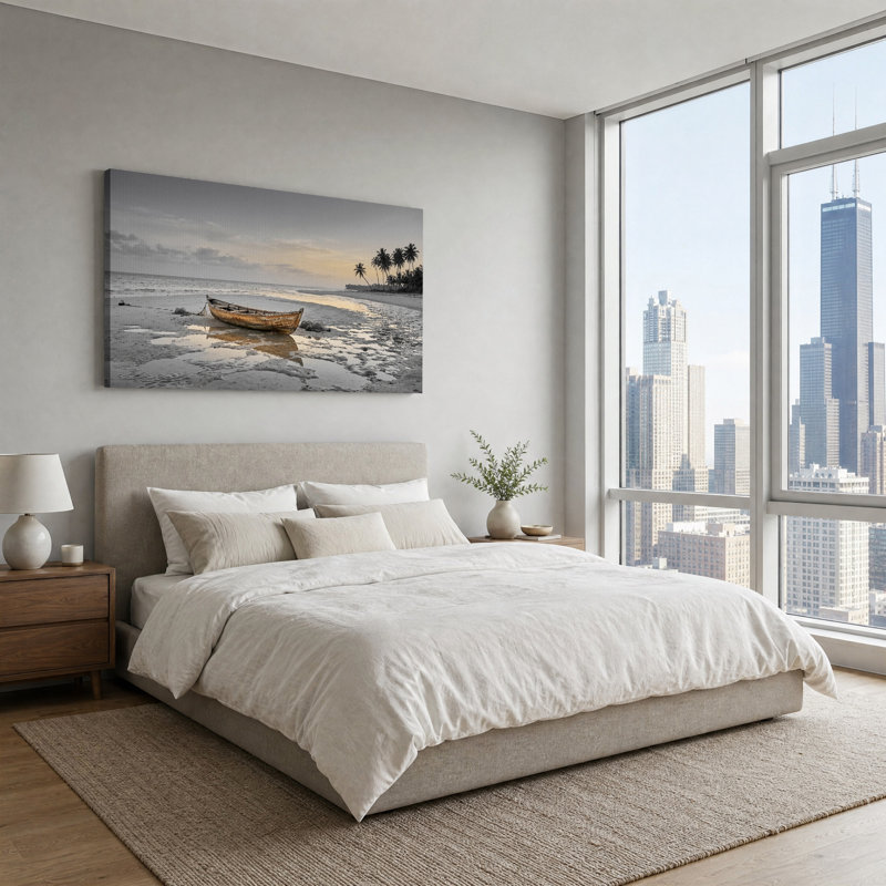 Toile en bois reflétée dans un sable humide près de palmiers, art mural sur toile, L 58 po x H 28 po