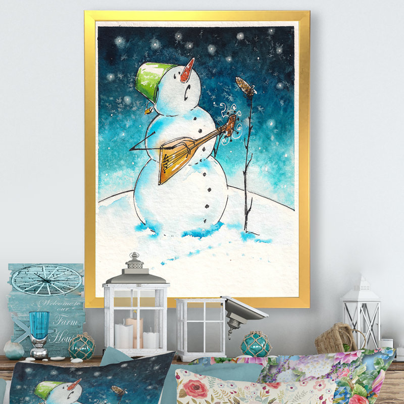 «Christmas Snowman jouant de la guitare IV», reproduction d'art sur toile, H 20 po x l 12 po x P 1 po, Cadre photo doré