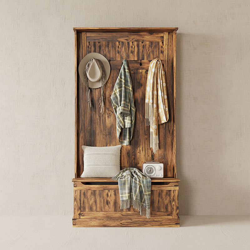 Armoire de rangement de style chalet américain, banc de rangement avec charnière de sécurité, 5 crochets et boîte de rangement