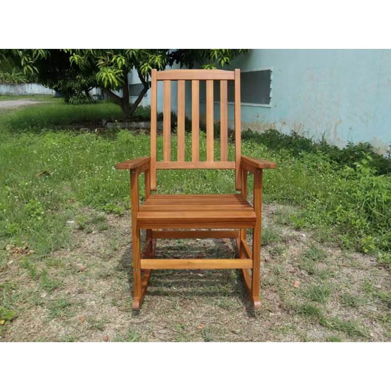 Wooden Patio Rocking Chair with slat Backrest, Light Brown
