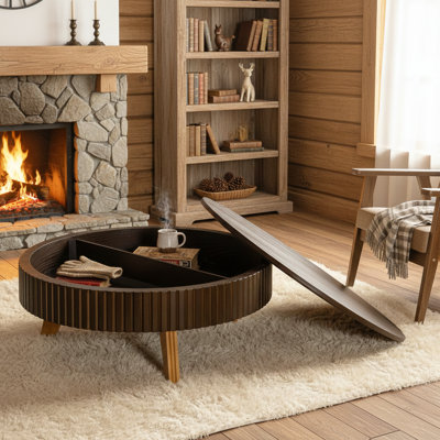 Table basse ronde rétro de 100 cm (39,37 po) avec espace de rangement, idéale pour le salon et le bureau, brun