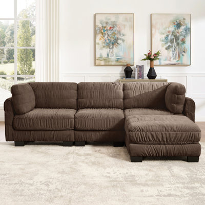 Canapé modulaire 3 pièces en chenille à détails ruché, repose-pieds mobile, mousse à haute densité, coussins de dossier en forme de L, assemblage facile, pour le salon, la chambre à coucher