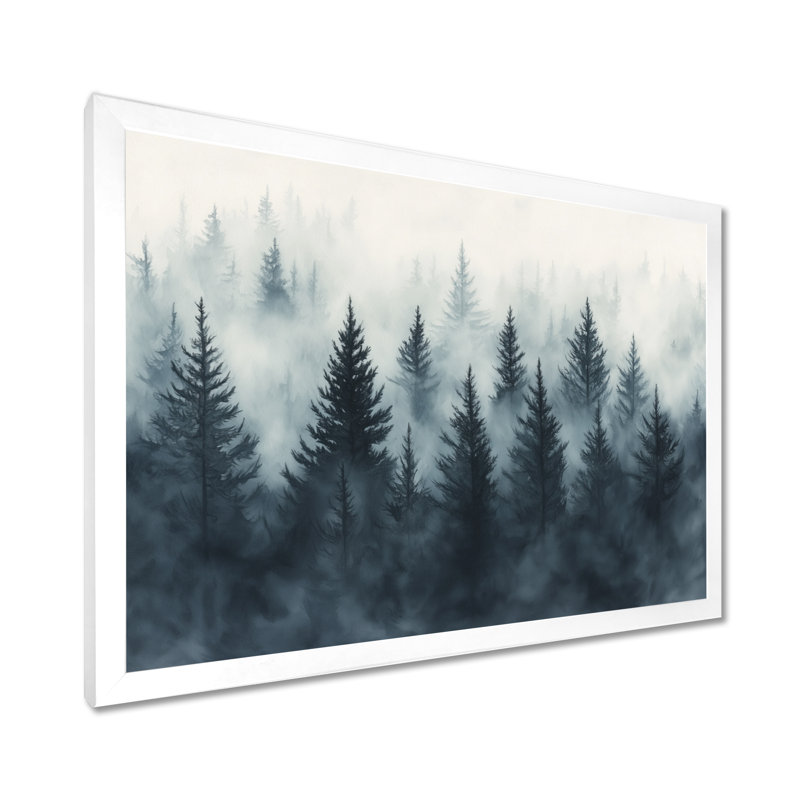 Forêt de pins brumeuse vert beige II - Tableau encadré, H 34 po x l 44 po, White Picture Framed