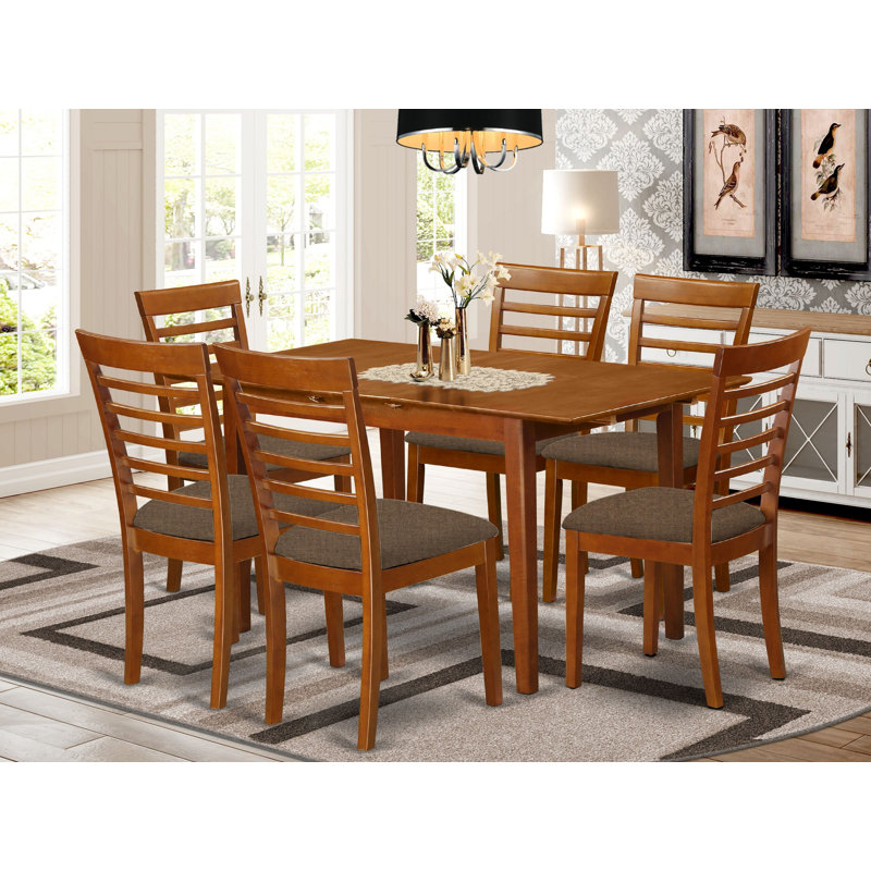 7 Piece Modern Dining Table Set Consist of a Rectangle Wooden Table with Butterfly Leaf and 6 Linen Fabric Chairs, Saddle Brown