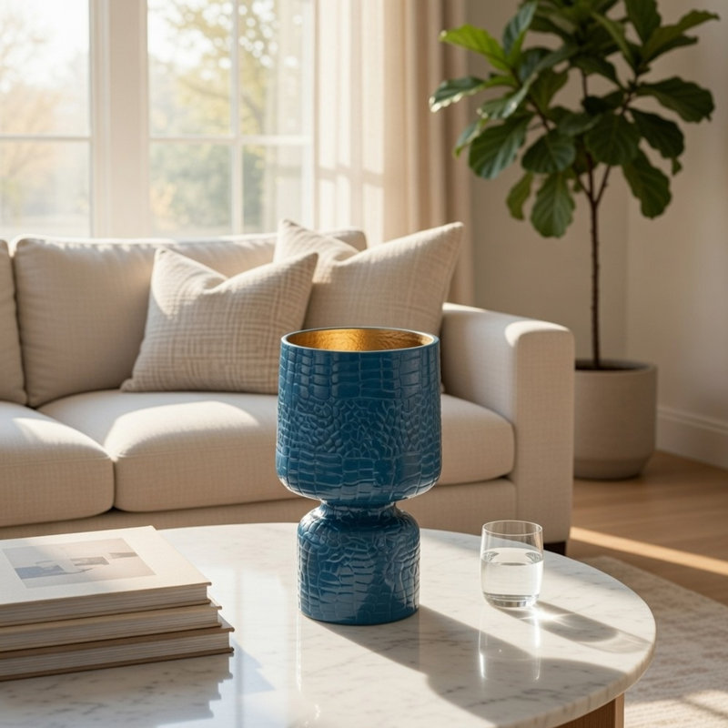 Dany Vase, Crocodile Texture, Watertight Base, 8 Inch Blue Aluminum
