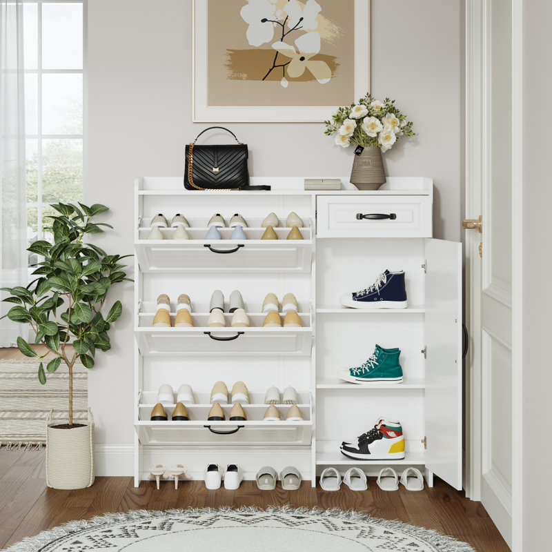 Range-chaussures avec 4 portes et 1 tiroir, porte en PVC avec forme, grand espace de rangement