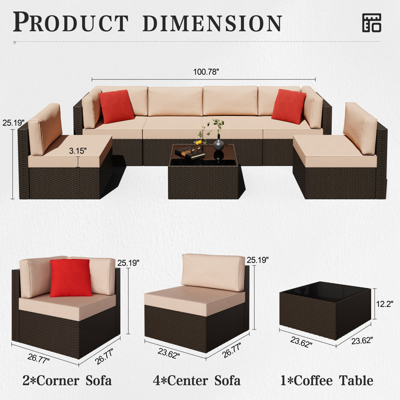 Ensemble de conversation modulaire en osier / rotin 7 pièces avec coussins Arleht, Beige