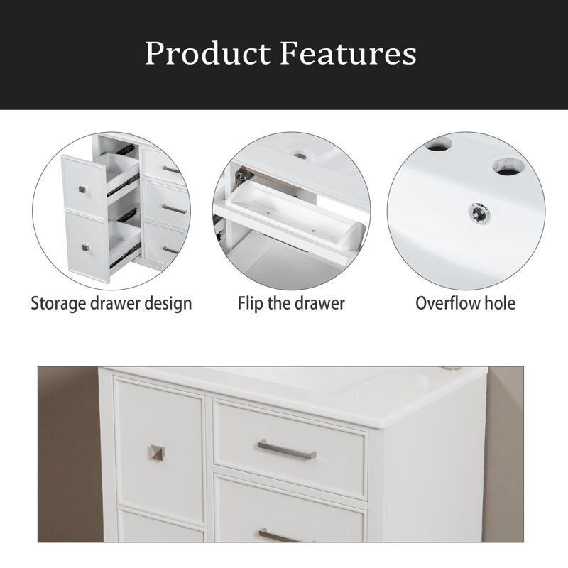 Meuble-lavabo de 30 po avec lavabo en céramique, tiroir escamotable pour la plomberie, tiroirs à fermeture en douceur, Blanc