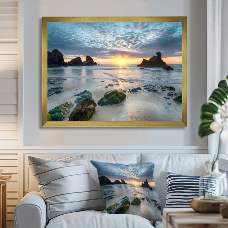 Magnifique baie de Porthcothan - imprimé bord de mer, H 16 po x l 32 po, Impression encadrée, Doré