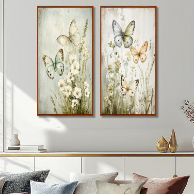 Soft Color Spring Playful Butterflies I - Butterfly Animal Wall Art Set of 2