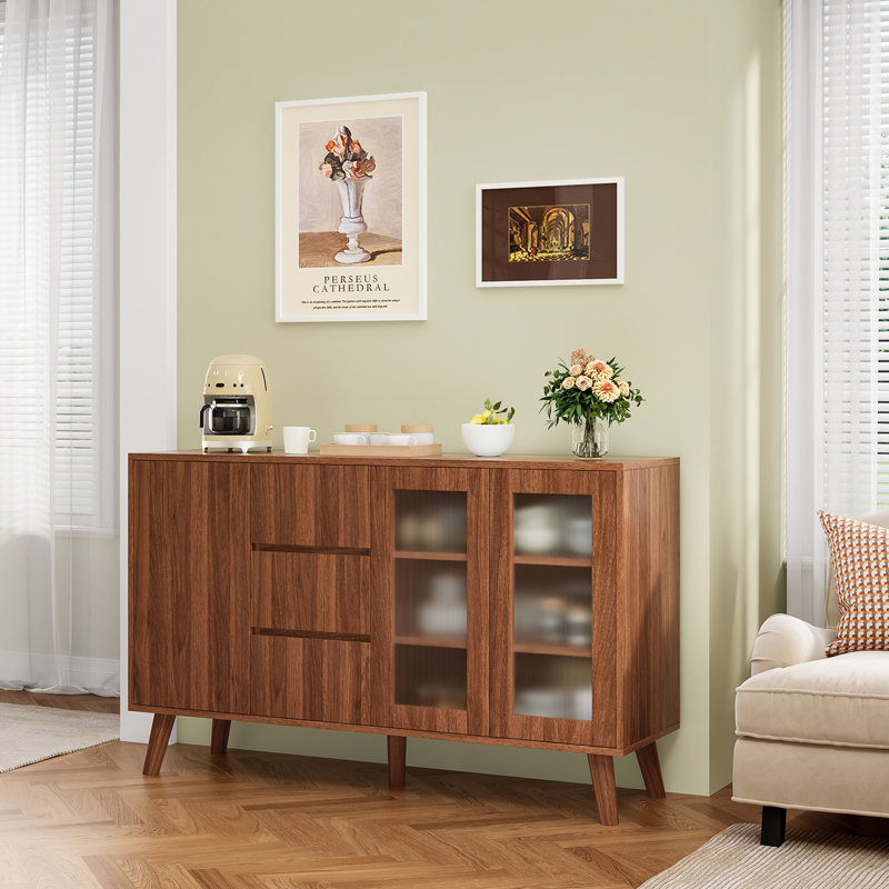 Farmhouse Buffet Cabinet, 55.5" Coffee Bar with 3 Drawers and Pop-Up Doors, Large Rustic Sideboard, Walnut