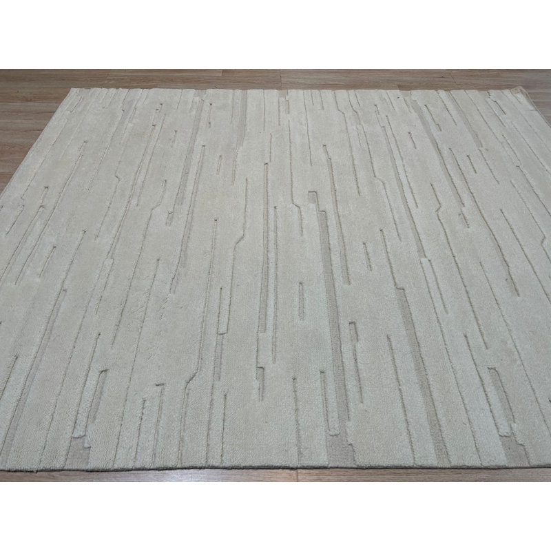 Contemporary Vibrant White Hand Knotted Wool Modern Area Rug, Rectangle 9' x 12'