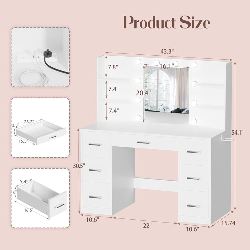 Bureau de coiffeuse avec miroir, prise de courant et 10 lumières, table de maquillage avec 7 tiroirs, 3 modes de couleurs disponibles pour la chambre à coucher, blanc clair