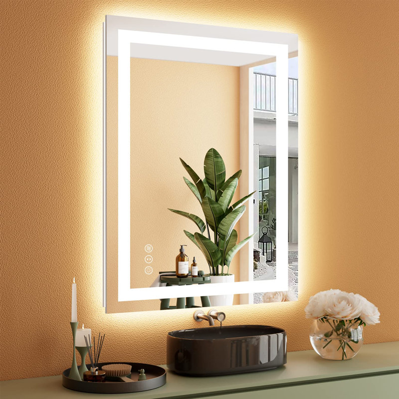 Akilan Frameless LED Vanity Mirror with Front-lit and Back-lit, Memory Function, 3 Color Temperatures & Dimmable Light, Anti-fog Tempered Glass ETL Mirror