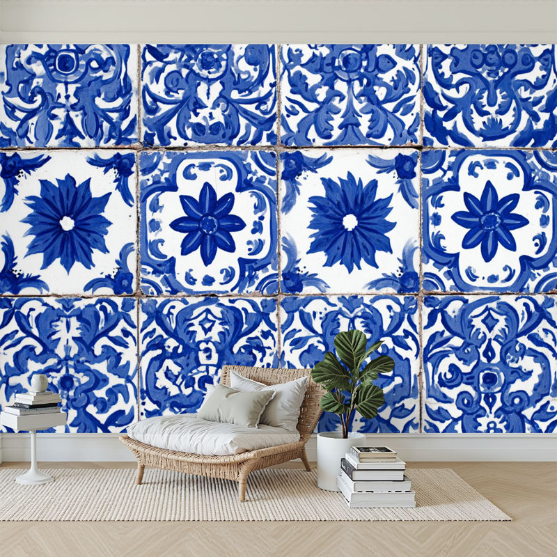 Peel and Stick Wallpaper 96" W x 69" H Modern Self Adhesive Wall Mural for Bedroom Blue White Portuguese Azulejo Tile Floral Geometric Ornaments