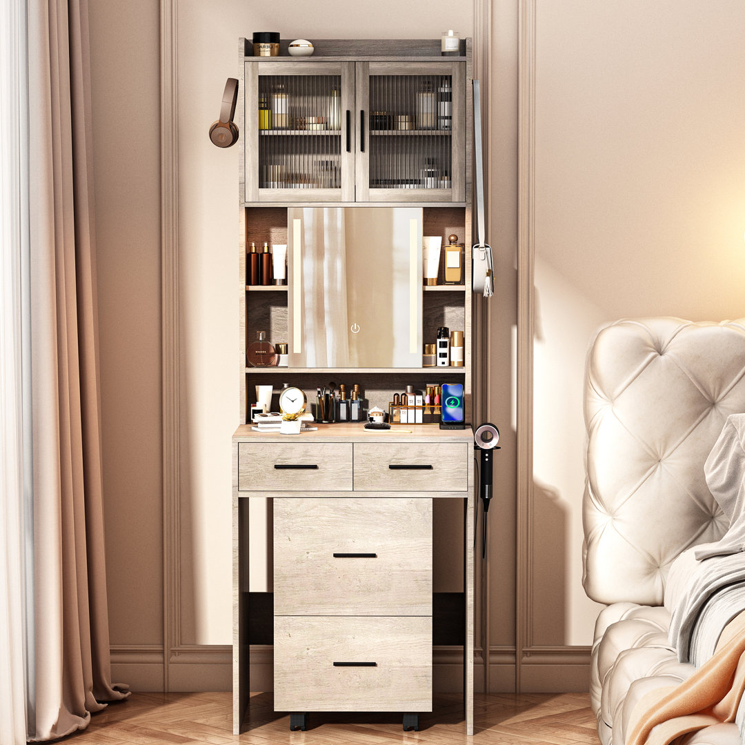 Makeup Vanity Set with LED Lights and Power Outlets Ivy Bronx 