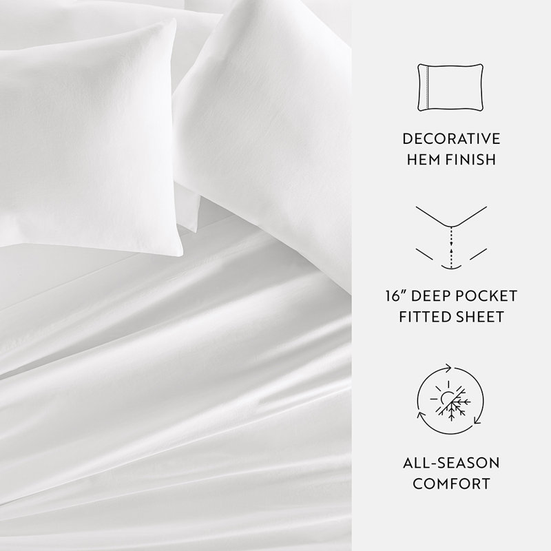 Ensemble de draps en coton uni, Ensemble de draps pour grand lit avec 3 pièces su, Blanc
