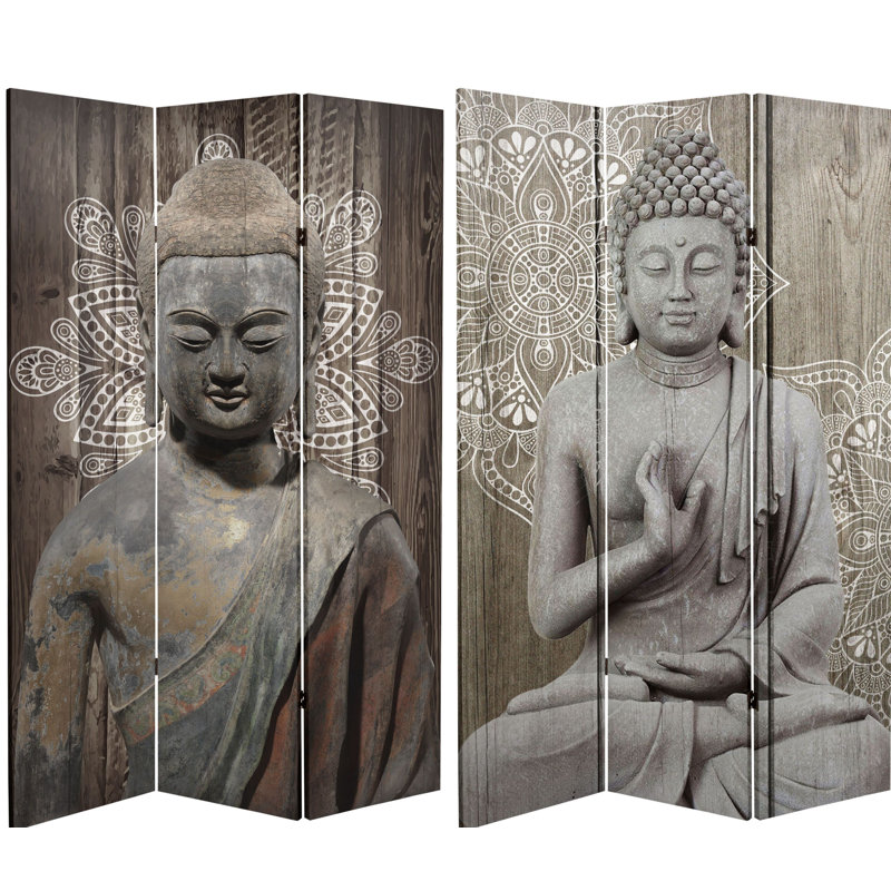 Buddha Art Canvas Folding Room Divider, Gray