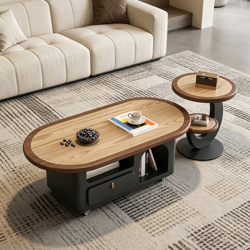 Table basse mobile avec rangement en bois et roulettes, Bois robuste / noir, H 16,53 po x L 51,18 po x l 25,98 po