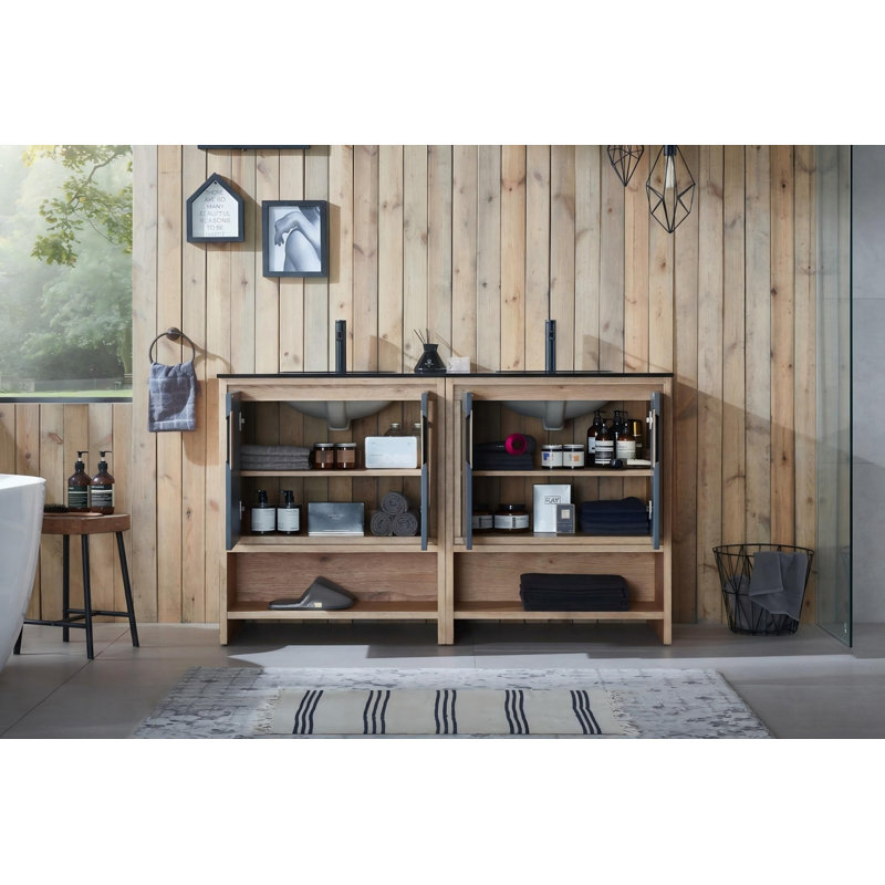 Meuble-lavabo de 60 po en contreplaqué de noyer naturel avec plateau en pierre noire Tomesia, Noir nuit / érable, Noir