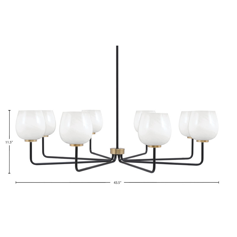 Lustre à 8 lumières Amarmula, noir mat et laiton vieilli, verre marbré blanc 6 po, Noir/laiton, Blanc