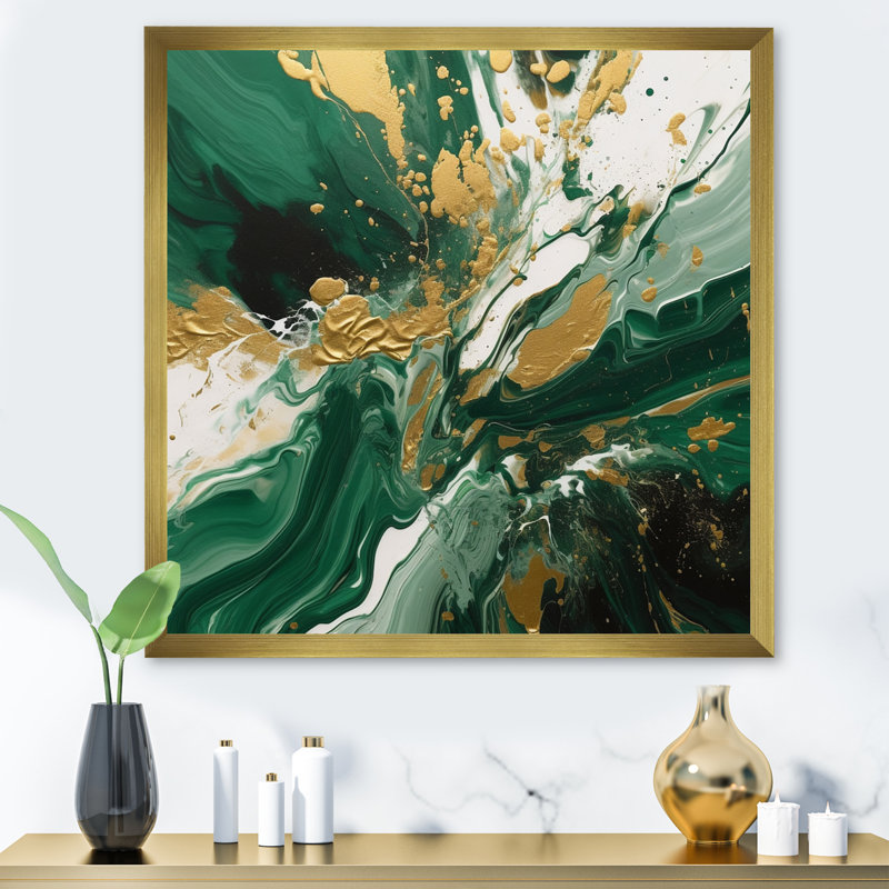 «Green and Gold», art mural abstrait sur toile, H 16 po x l 16 po, Cadre photo unique, Doré
