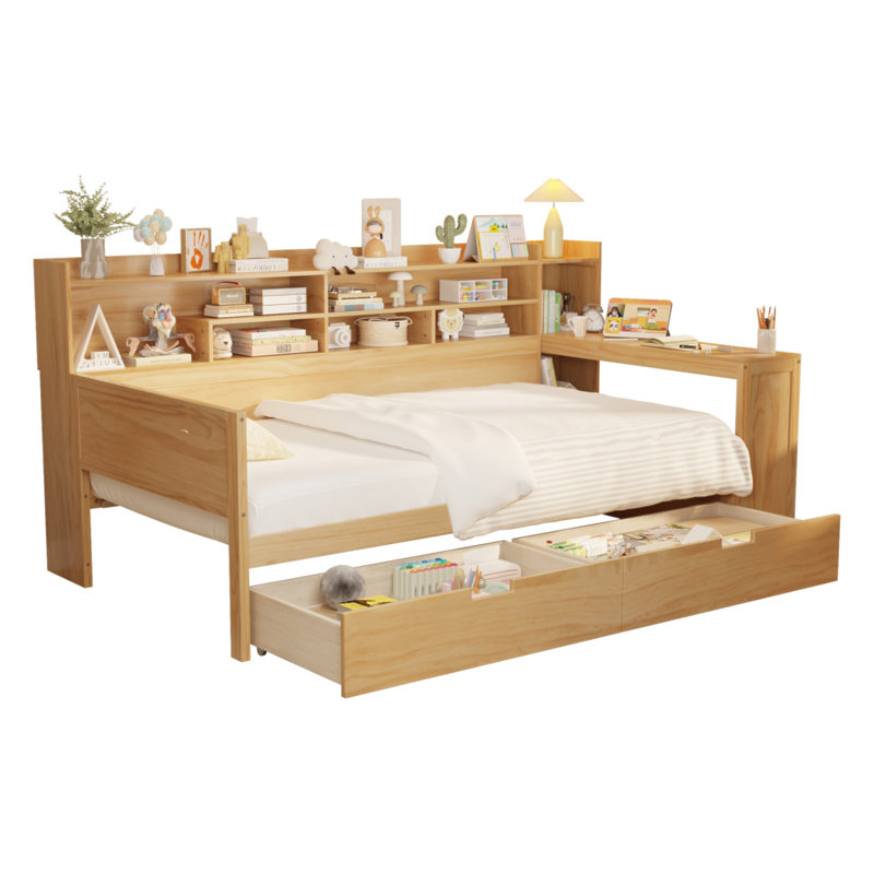 Lit de jour simple en bois avec tablettes de rangement, lit multifonctionnel avec deux tiroirs et bureau d'étude, Lit simple