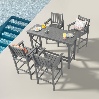 5-Piece HDPE Patio Bar Set, Rectangular Bar Height Table And 4 Adirondack Bar Chairs, All-Season Outdoor Bar Stools Set, Outdoor Bar Table And Chairs Set For Outside, Balcony, Deck