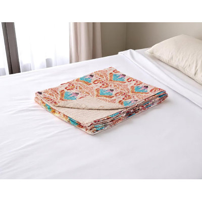 50" X 70" Beige And Pink Ikat Cotton Quilted Kantha Throw Blanket with Embroidery