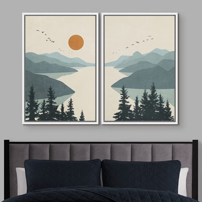 Idea4wall, reproduction d'art sur toile encadrée, aquarelle pastel verte, vallée de montagne, oiseaux, rivière, formes abstraites, illustrations, paysage moderne, salon, chambre à coucher, bureau